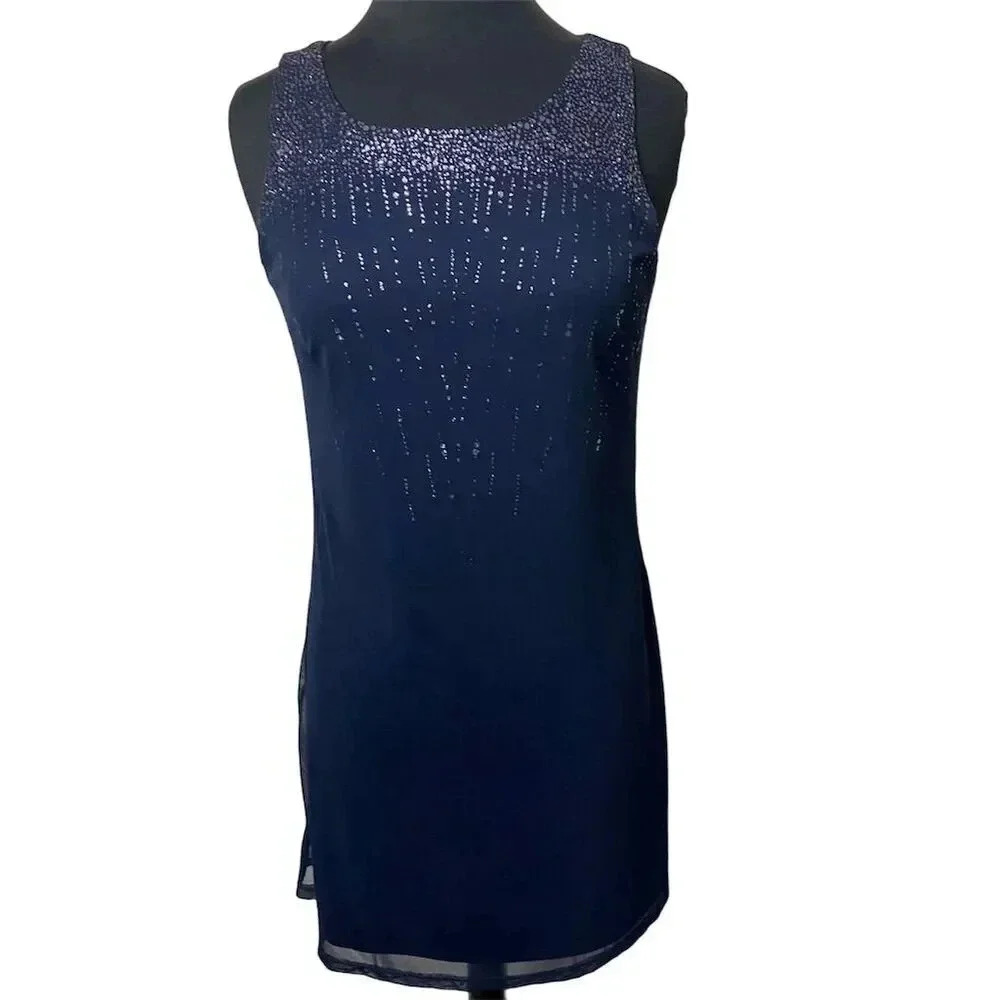 Byer Too! Blue Sequin Scoop Neck Sleeveless Dress Size L 1838
